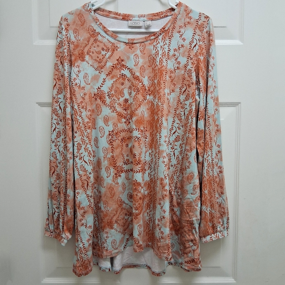 Lori Goldstein LOGO Tunic Top Boho Medium Floral Paisley Orange Blue Pockets